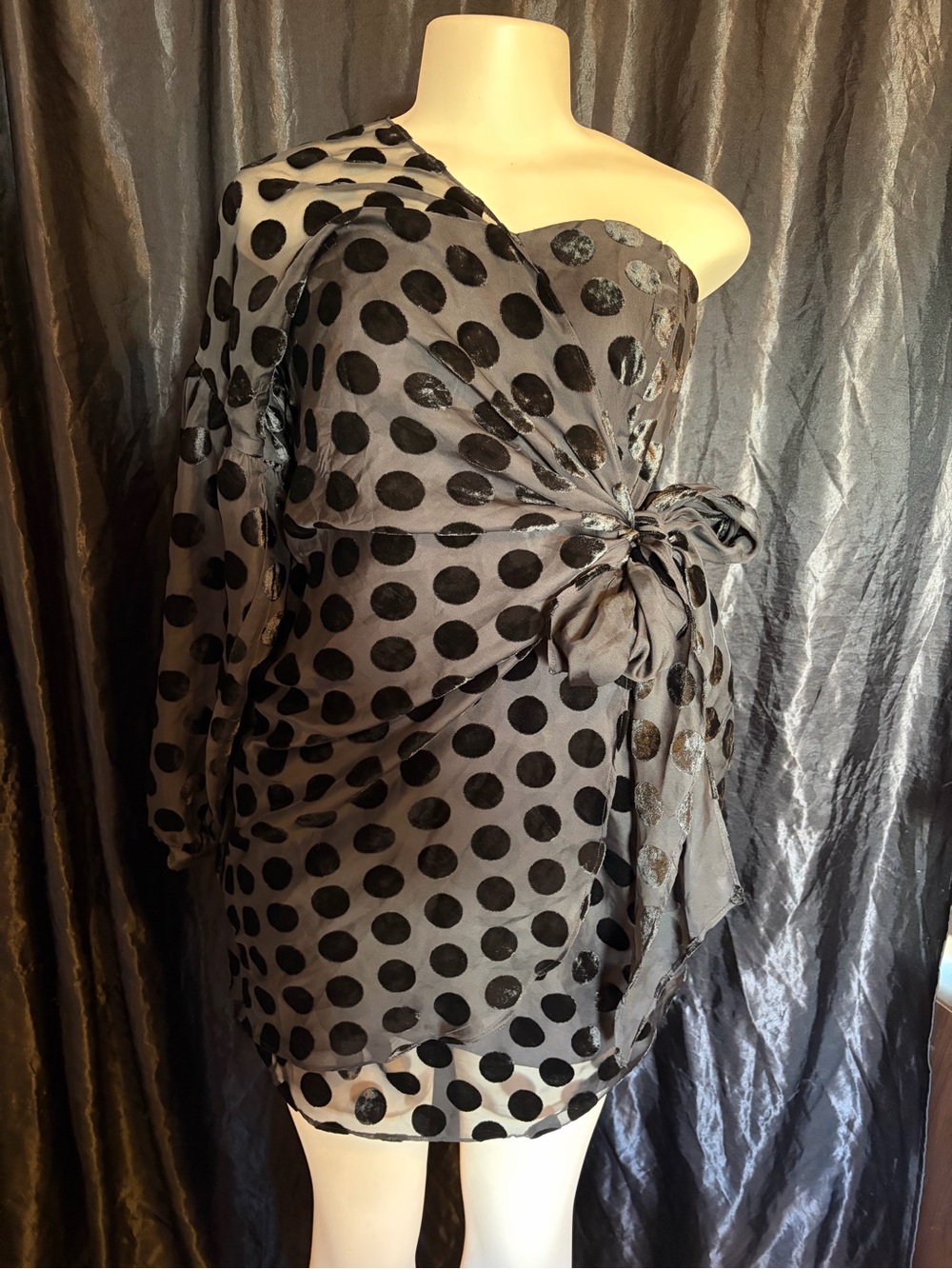 VENUS Grey Sheer One-Shoulder Polka Dot Tie-Waist Dress